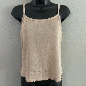 Y2K Rave Gold Knit Lettuce Hem Spaghetti Strap Tank Top Size XL Vintage Metallic